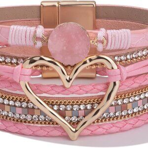 Heart Leather Wrap Bracelets Stackable Boho Cuff Bangles Trendy Resin Stone